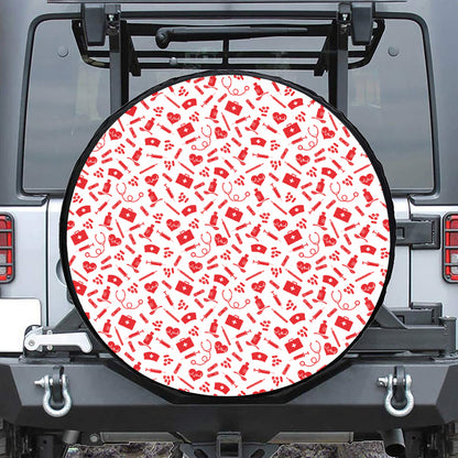 Red And White Nurse Pattern Print Leather Spare Tire Cover