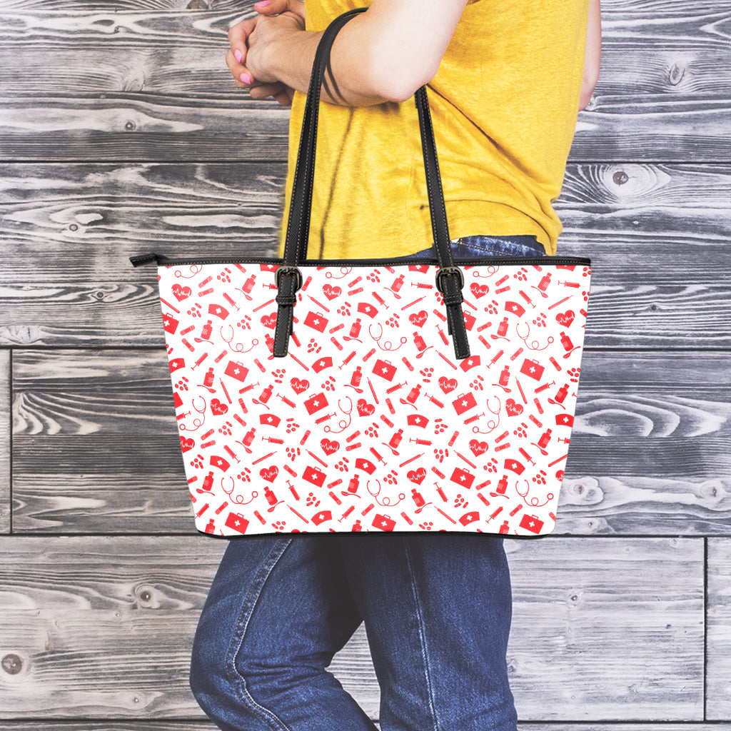 Red And White Nurse Pattern Print Leather Tote Bag