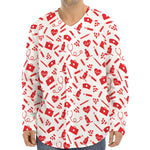 Red And White Nurse Pattern Print Long Sleeve Baseball Jersey