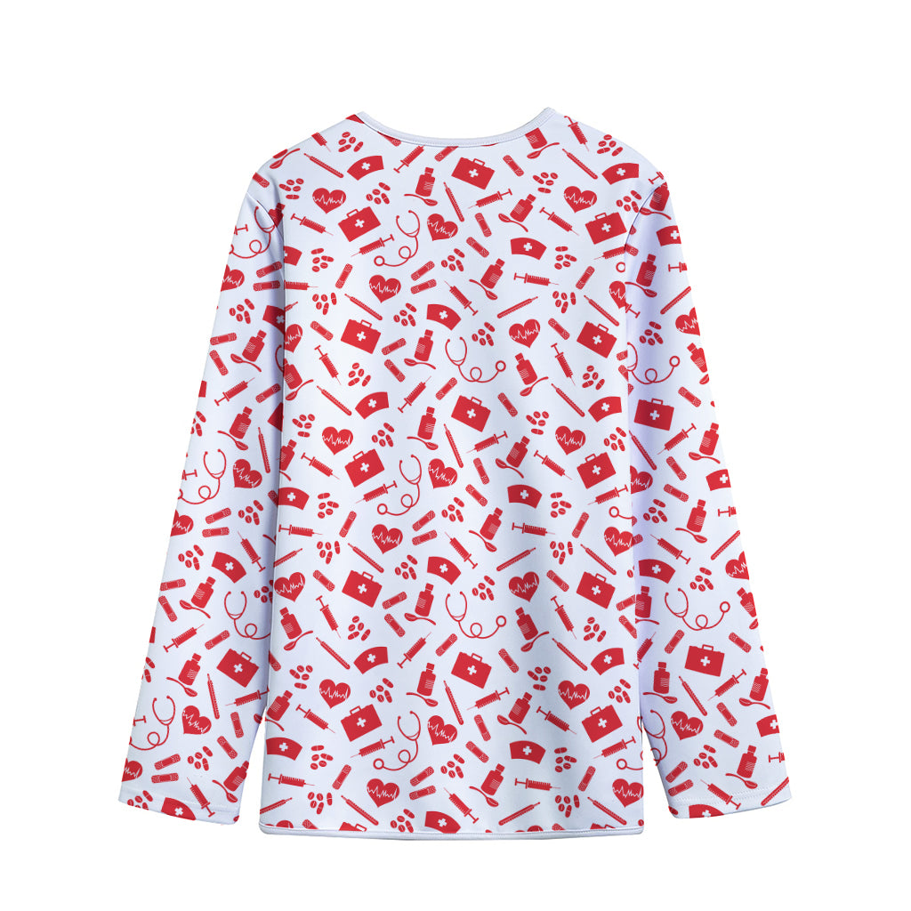 Red And White Nurse Pattern Print Long Sleeve Short Coat