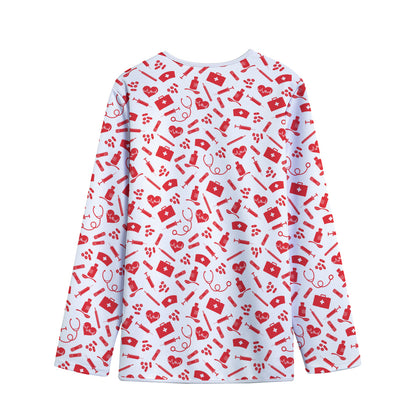 Red And White Nurse Pattern Print Long Sleeve Short Coat