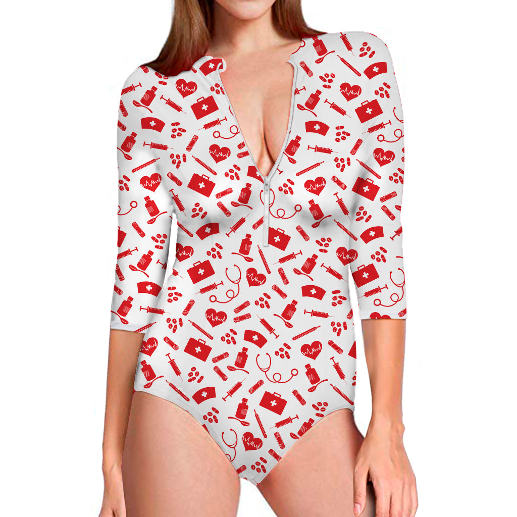 Red And White Nurse Pattern Print Long Sleeve Swimsuit