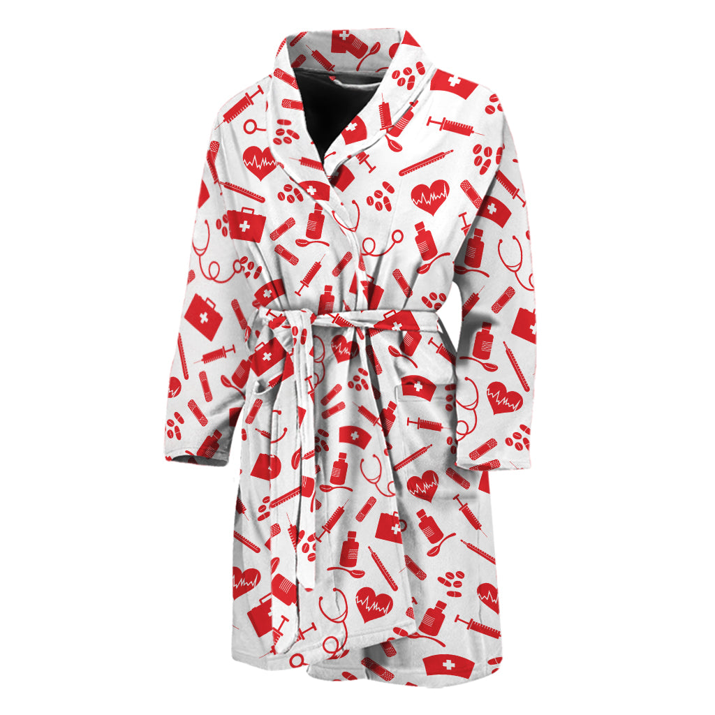 Red And White Nurse Pattern Print Men's Bathrobe