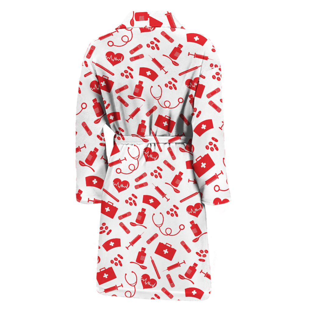 Red And White Nurse Pattern Print Men's Bathrobe
