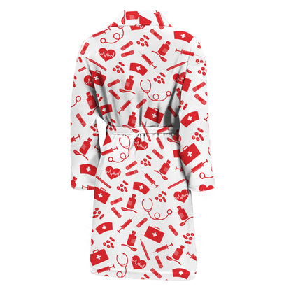 Red And White Nurse Pattern Print Men's Bathrobe
