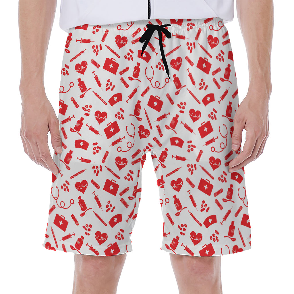 Red And White Nurse Pattern Print Men's Beach Shorts