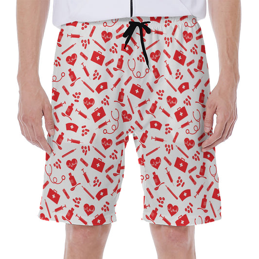 Red And White Nurse Pattern Print Men's Beach Shorts