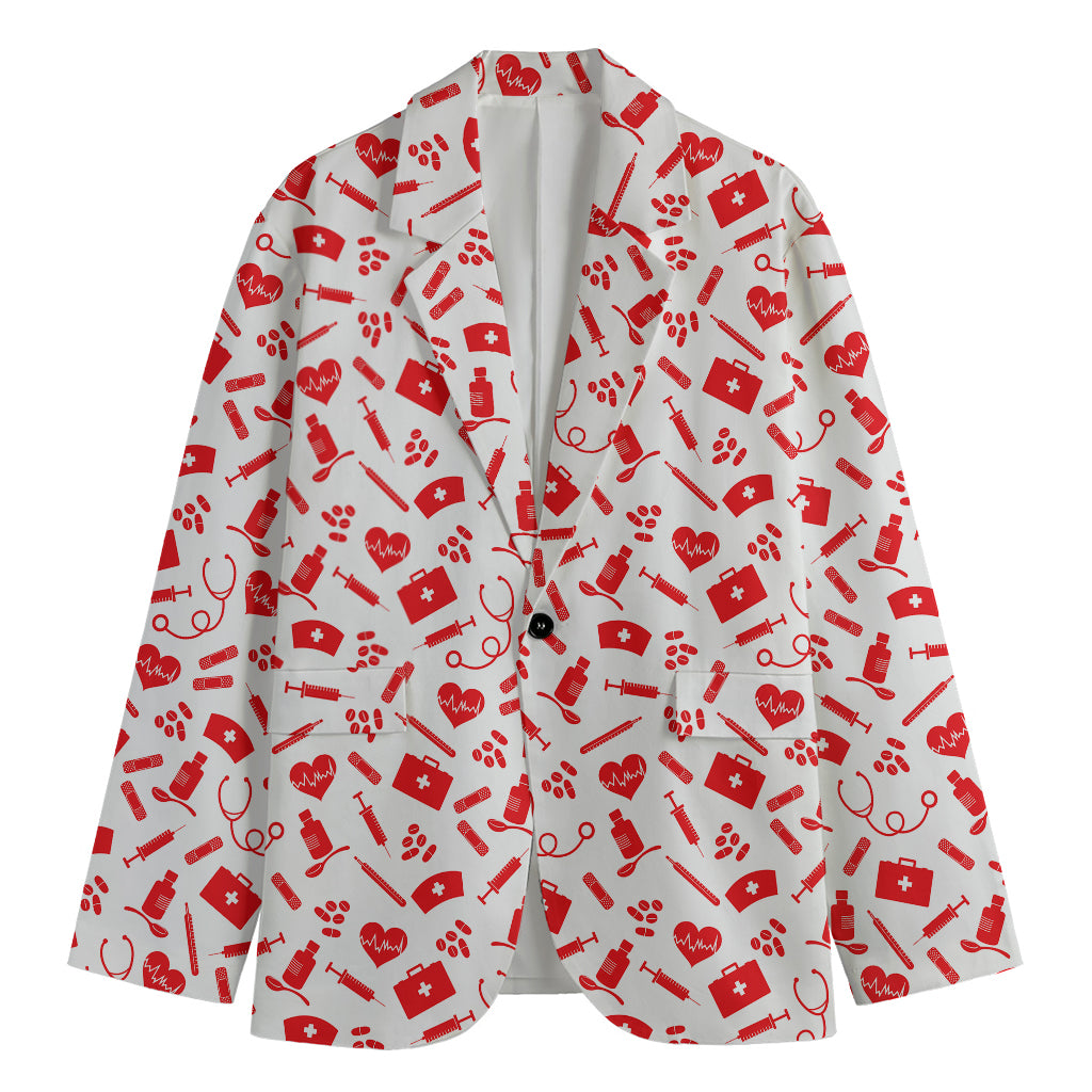 Red And White Nurse Pattern Print Men's Blazer