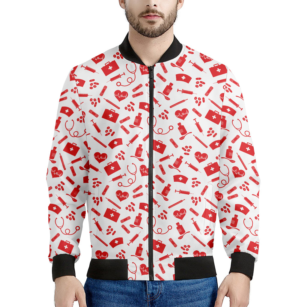 Red And White Nurse Pattern Print Men's Bomber Jacket