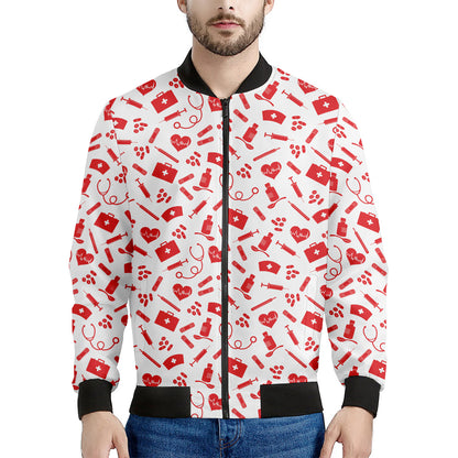 Red And White Nurse Pattern Print Men's Bomber Jacket