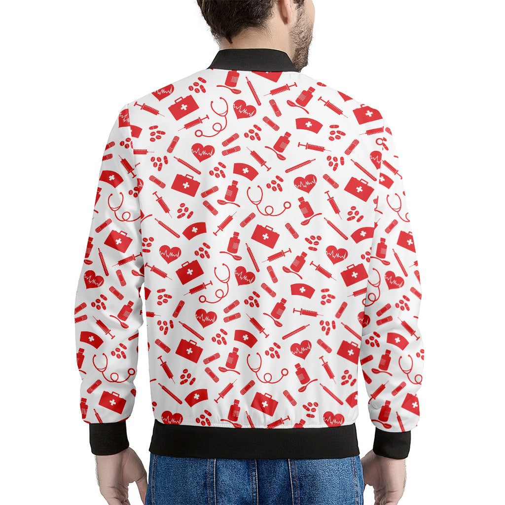 Red And White Nurse Pattern Print Men's Bomber Jacket