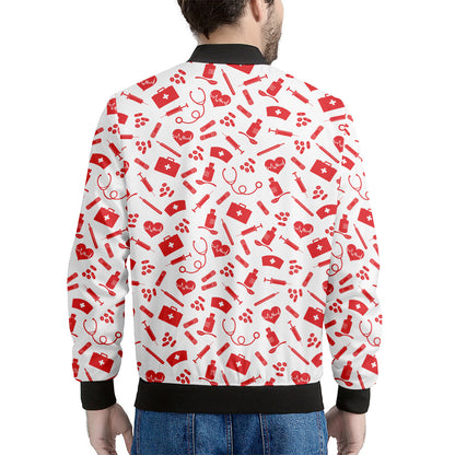 Red And White Nurse Pattern Print Men's Bomber Jacket