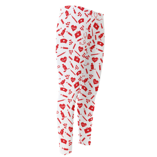 Red And White Nurse Pattern Print Men's Compression Pants