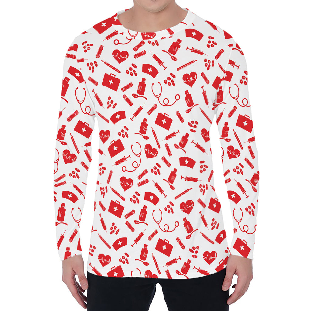 Red And White Nurse Pattern Print Men's Long Sleeve T-Shirt