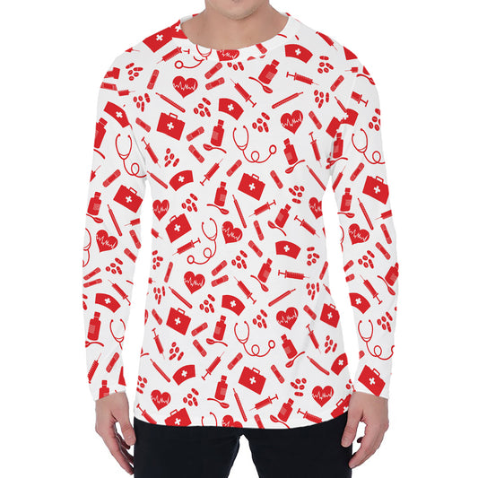 Red And White Nurse Pattern Print Men's Long Sleeve T-Shirt