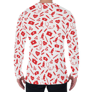 Red And White Nurse Pattern Print Men's Long Sleeve T-Shirt