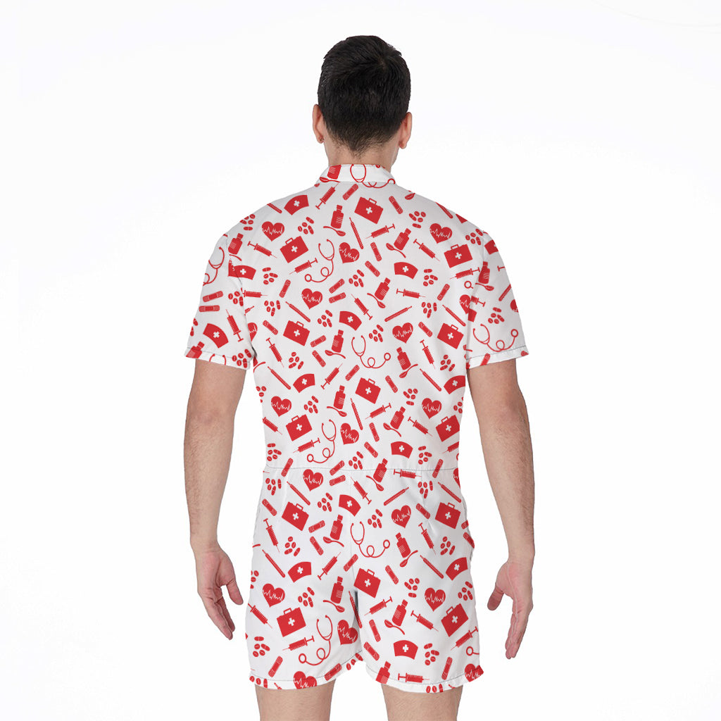 Red And White Nurse Pattern Print Men's Rompers