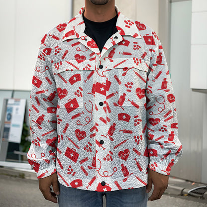 Red And White Nurse Pattern Print Men's Shirt Jacket