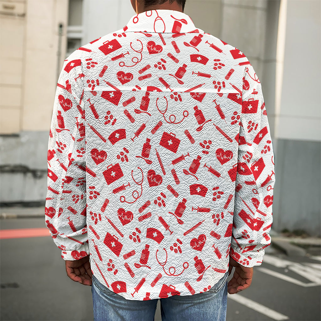 Red And White Nurse Pattern Print Men's Shirt Jacket