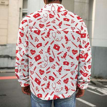 Red And White Nurse Pattern Print Men's Shirt Jacket