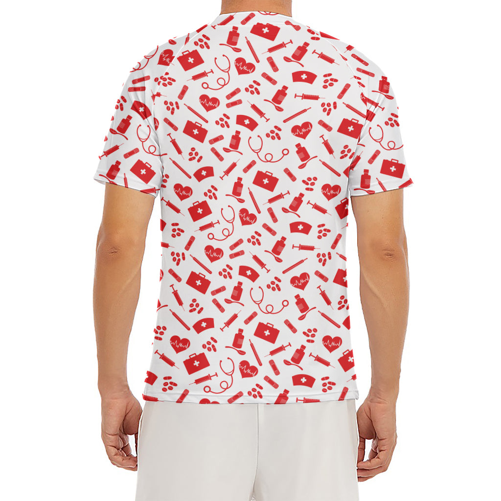 Red And White Nurse Pattern Print Men's Short Sleeve Rash Guard