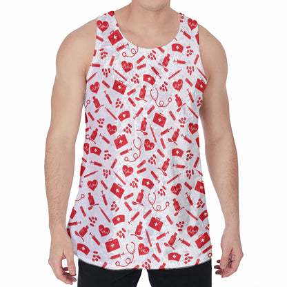 Red And White Nurse Pattern Print Men's Velvet Tank Top