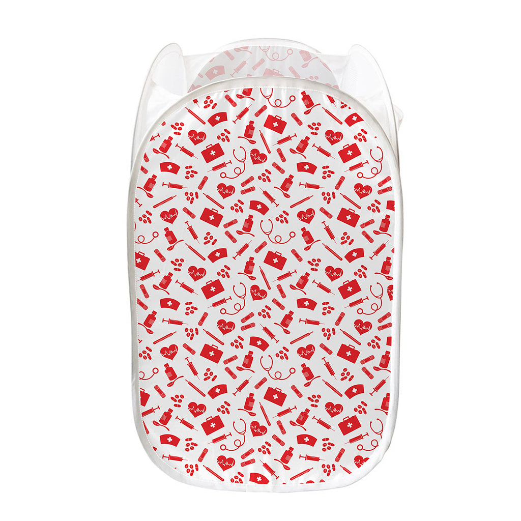 Red And White Nurse Pattern Print Mesh Laundry Hamper