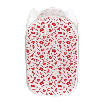 Red And White Nurse Pattern Print Mesh Laundry Hamper