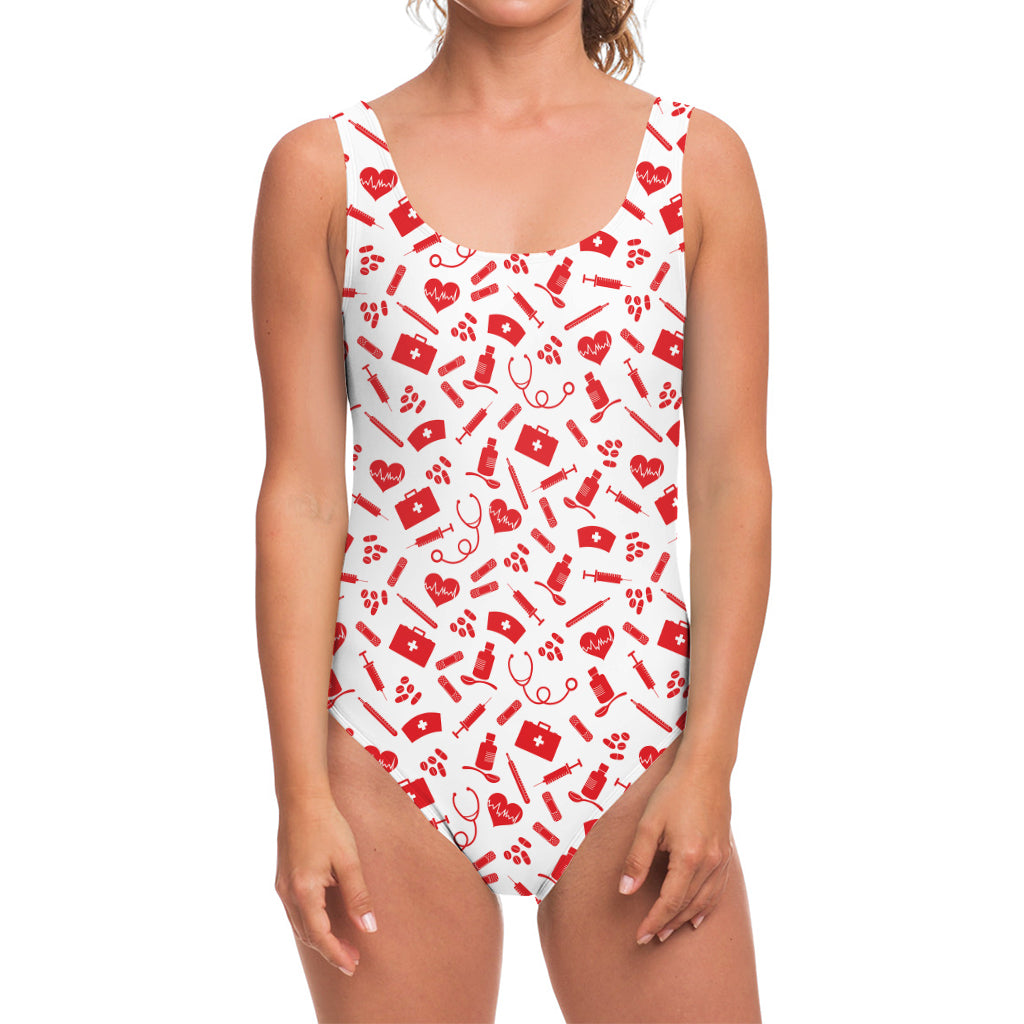Red And White Nurse Pattern Print One Piece Swimsuit