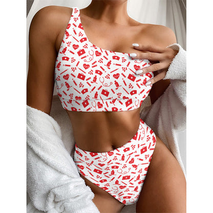 Red And White Nurse Pattern Print One Shoulder Bikini Top
