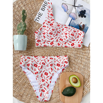 Red And White Nurse Pattern Print One Shoulder Bikini Top