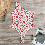 Red And White Nurse Pattern Print One Shoulder Bodysuit