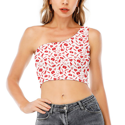 Red And White Nurse Pattern Print One Shoulder Crop Top