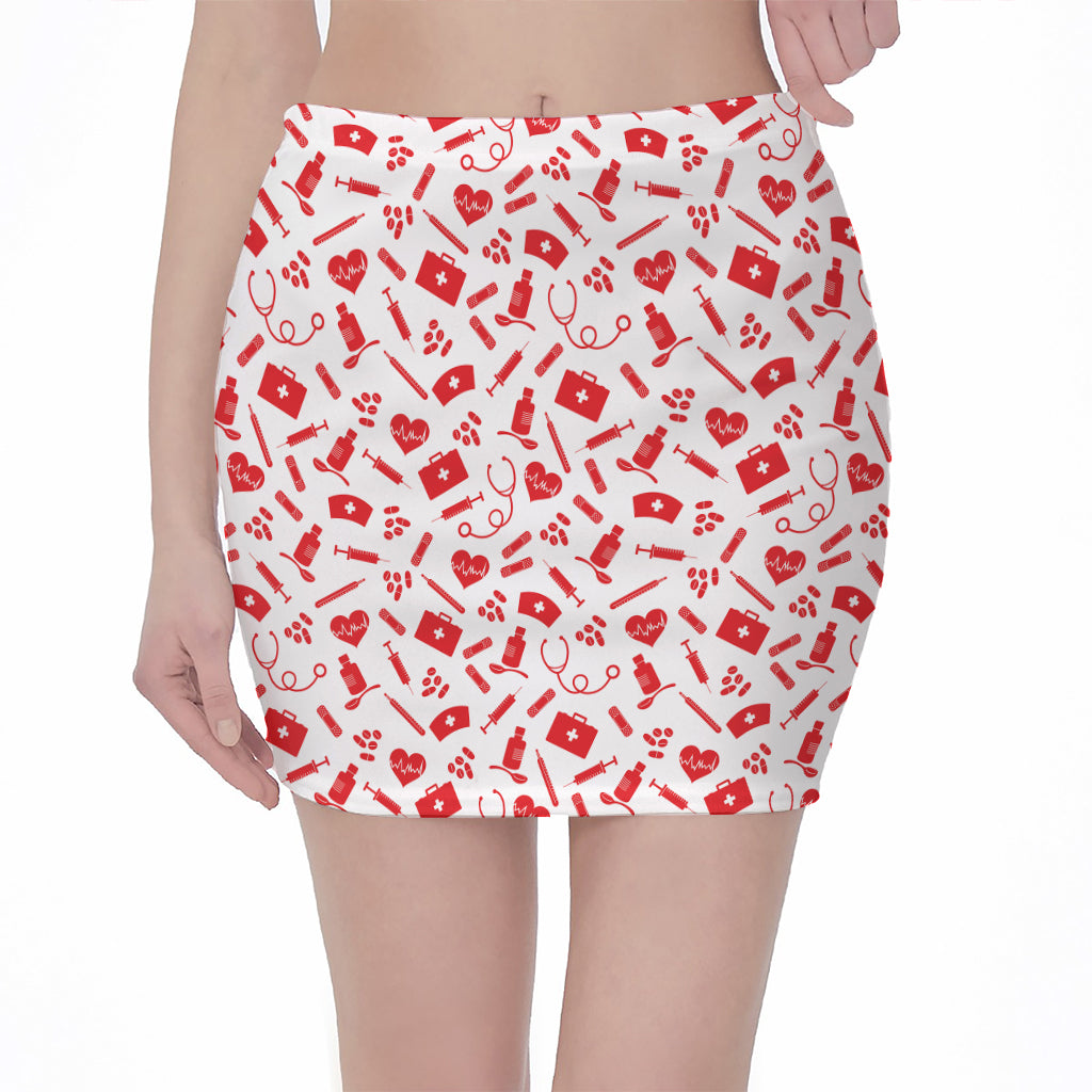 Red And White Nurse Pattern Print Pencil Mini Skirt