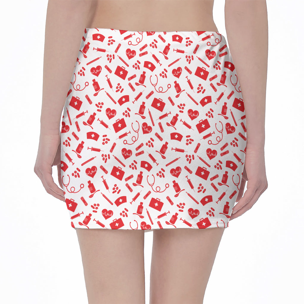 Red And White Nurse Pattern Print Pencil Mini Skirt
