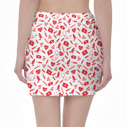 Red And White Nurse Pattern Print Pencil Mini Skirt