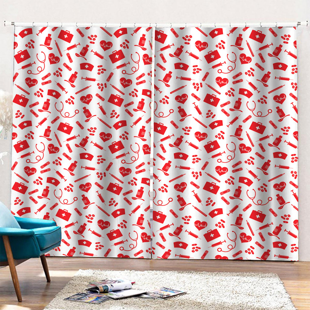 Red And White Nurse Pattern Print Pencil Pleat Curtains