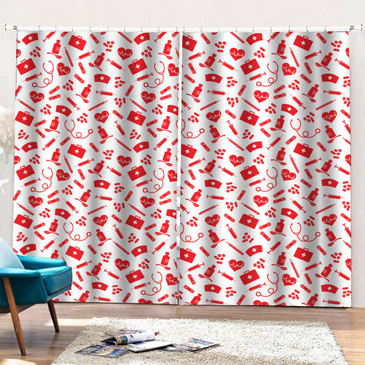 Red And White Nurse Pattern Print Pencil Pleat Curtains