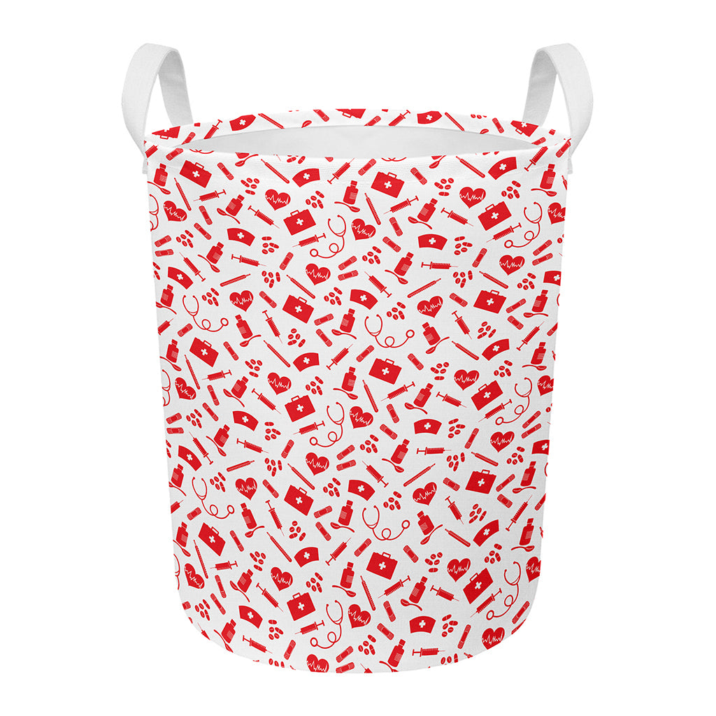Red And White Nurse Pattern Print Round Laundry Basket