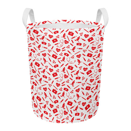 Red And White Nurse Pattern Print Round Laundry Basket