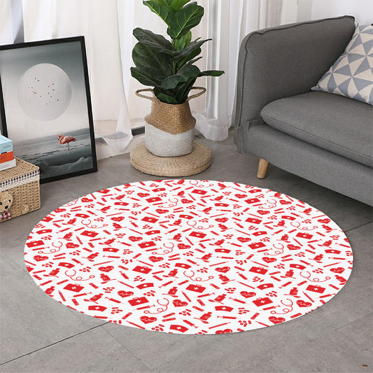 Red And White Nurse Pattern Print Round Rug