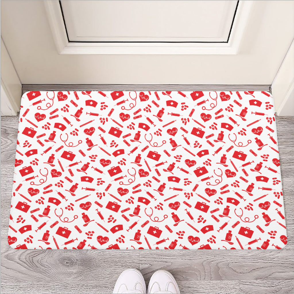 Red And White Nurse Pattern Print Rubber Doormat