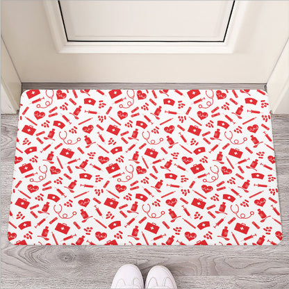 Red And White Nurse Pattern Print Rubber Doormat