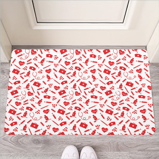 Red And White Nurse Pattern Print Rubber Doormat