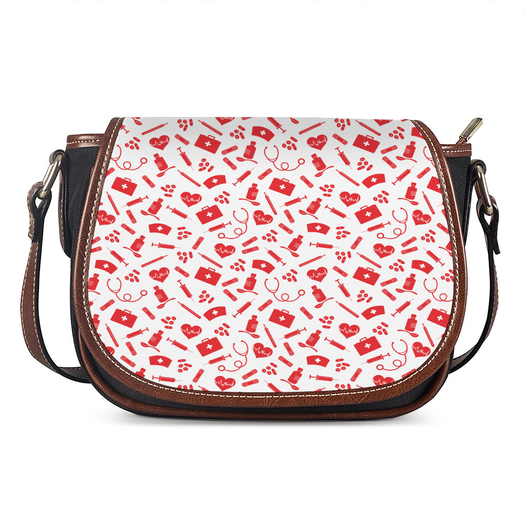 Red And White Nurse Pattern Print Saddle Bag