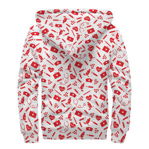 Red And White Nurse Pattern Print Sherpa Lined Zip Up Hoodie