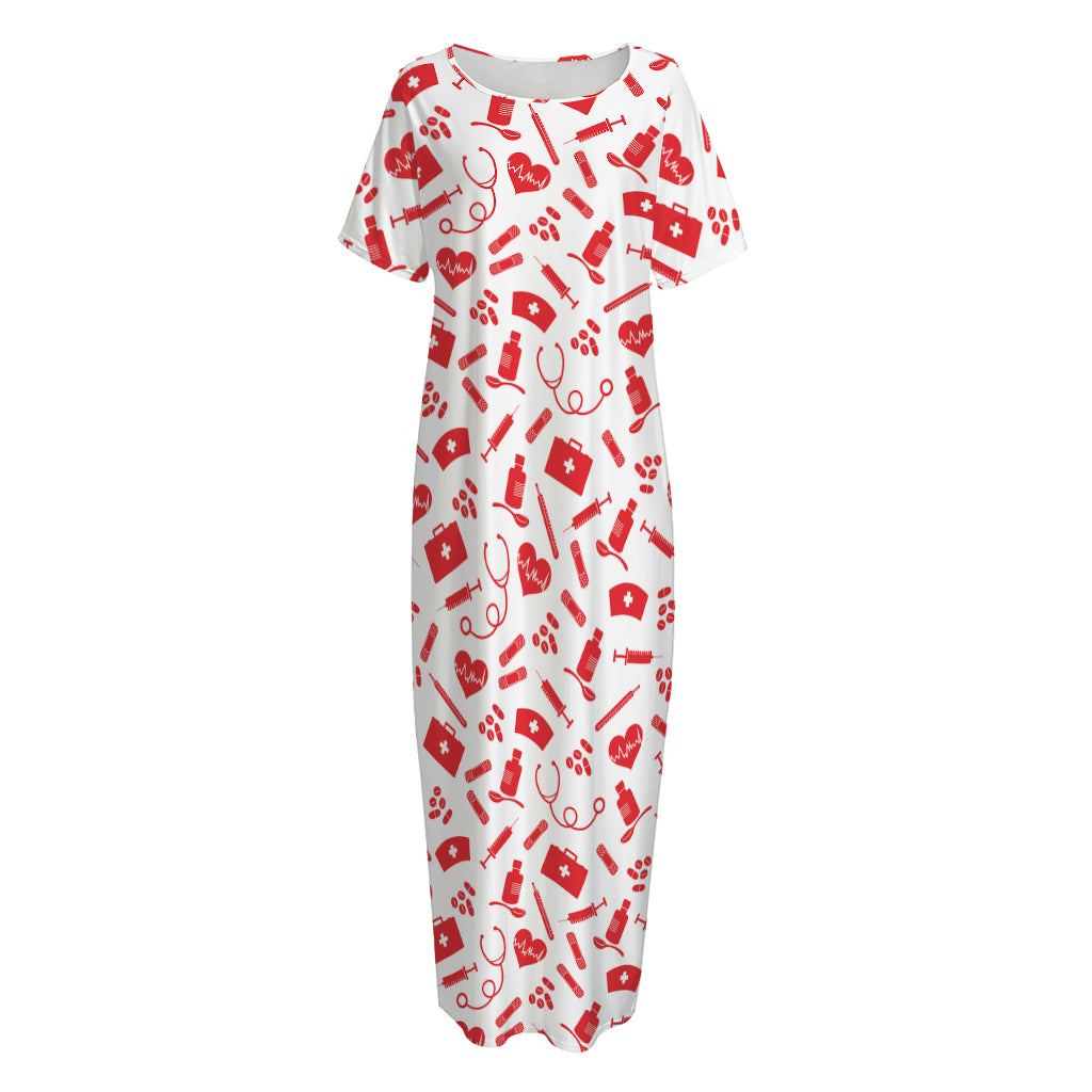 Red And White Nurse Pattern Print Short Sleeve Long Nightdress