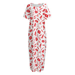 Red And White Nurse Pattern Print Short Sleeve Long Nightdress