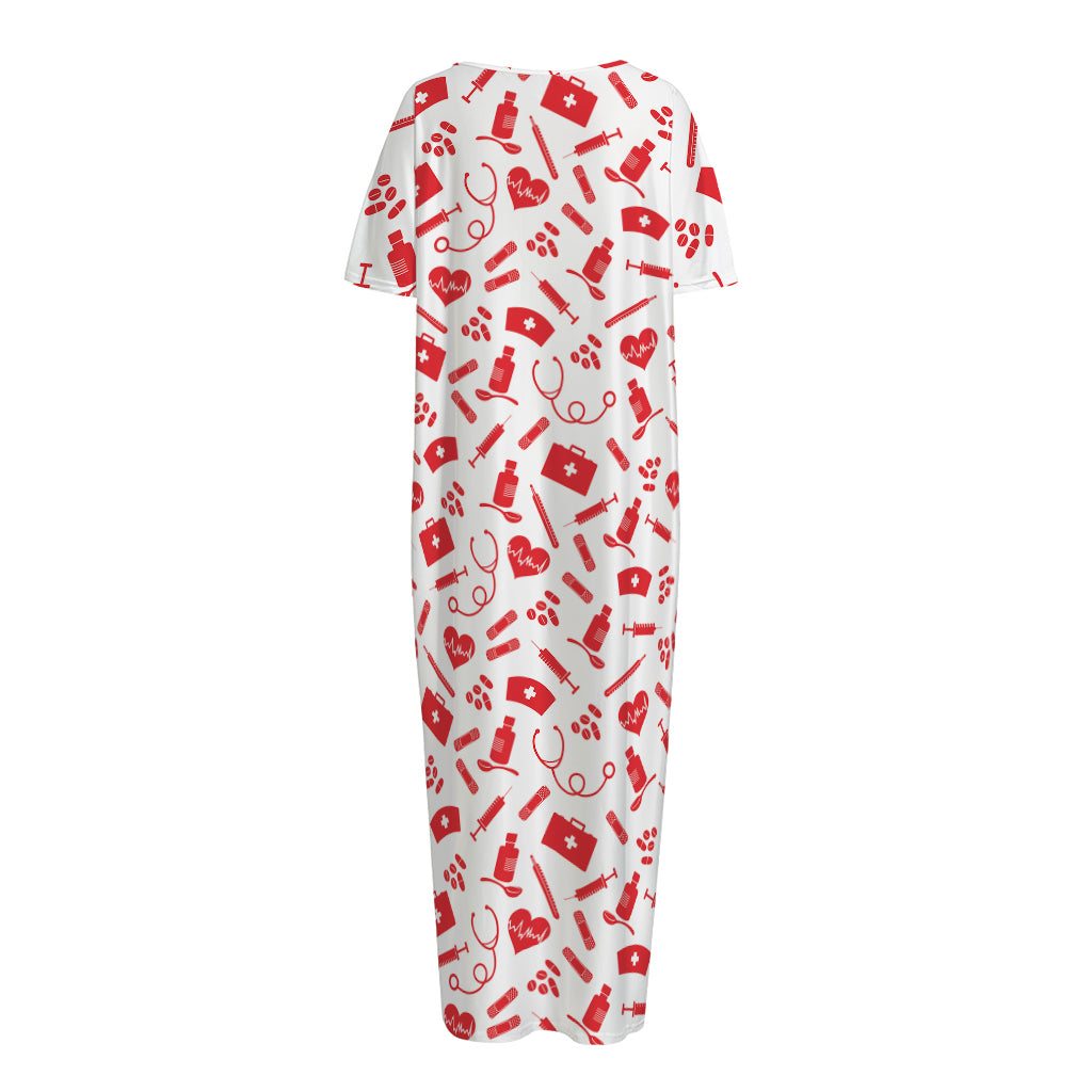 Red And White Nurse Pattern Print Short Sleeve Long Nightdress