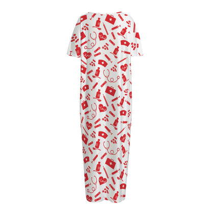 Red And White Nurse Pattern Print Short Sleeve Long Nightdress